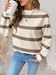 SHEIN LUNE 女款街頭風條紋拼接配色長袖運動衫 - 白色 - 查看 4