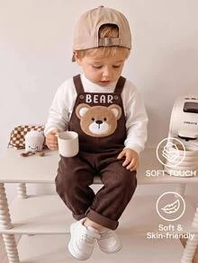 SHEIN Baju Terusan Anak Laki-Laki Bahan Korduroi Motif Beruang Kartun Lucu, Serbaguna dan Nyaman, Cocok untuk Musim Semi, Gugur dan Musim Dingin - Coklat - View 2
