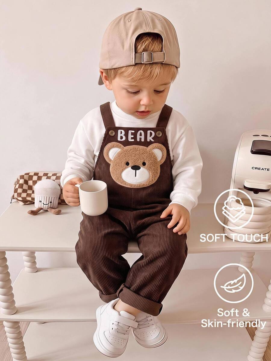 SHEIN Baju Terusan Anak Laki-Laki Bahan Korduroi Motif Beruang Kartun Lucu, Serbaguna dan Nyaman, Cocok untuk Musim Semi, Gugur dan Musim Dingin