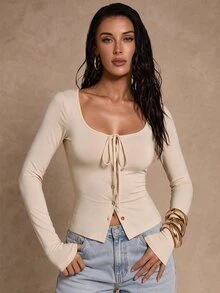 Glamine Sexy Solid Color Elastic Knit Scoop Neck Tie Decor Long Sleeve Slim Fit Button Embellished Versatile Women T-Shirt Fall Cloth For Women - Khaki - View 1