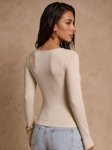Glamine Sexy Solid Color Elastic Knit Scoop Neck Tie Decor Long Sleeve Slim Fit Button Embellished Versatile Women T-Shirt Fall Cloth For Women - Khaki - View 2