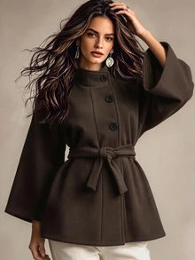 SHEIN New Autumn/Winter Retro Elegant Commuter Office Stand Collar Cinched Waist Tie Raglan Sleeve Women's Short Overcoat Dark Brown - Brown - View 7