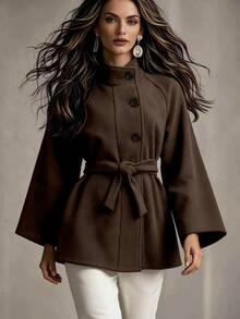 SHEIN New Autumn/Winter Retro Elegant Commuter Office Stand Collar Cinched Waist Tie Raglan Sleeve Women's Short Overcoat Dark Brown - Brown - View 6