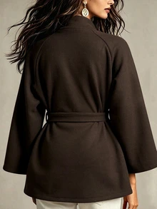 SHEIN New Autumn/Winter Retro Elegant Commuter Office Stand Collar Cinched Waist Tie Raglan Sleeve Women's Short Overcoat Dark Brown - Brown - View 3