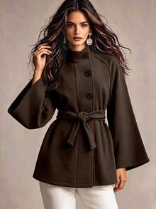 SHEIN New Autumn/Winter Retro Elegant Commuter Office Stand Collar Cinched Waist Tie Raglan Sleeve Women's Short Overcoat Dark Brown - Brown - View 5