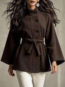 SHEIN New Autumn/Winter Retro Elegant Commuter Office Stand Collar Cinched Waist Tie Raglan Sleeve Women's Short Overcoat Dark Brown - Brown - View 2