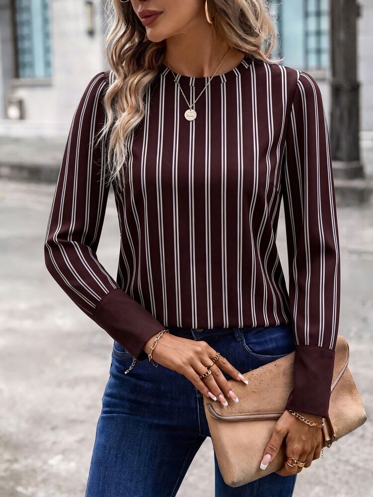 SHEIN LUNE Women's Round Neck Lantern Sleeve Cuff Casual Commute Elegant Streetwear All-Season Versatile Base Layer Top, Brown Striped, Modern Urban Fashion Business Office Wear Low-Key Old Money Style Sophisticated Commute Airport Outfit Low-Key Timeless All-Match Versatile Street Style Coffee Shop Relaxed Look - Multicolor - View 6