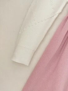 SHEIN 兒童青少年女孩粉色拼色荷葉邊下擺中長版針織洋裝，秋冬返校穿搭 - 粉色 - 查看 5