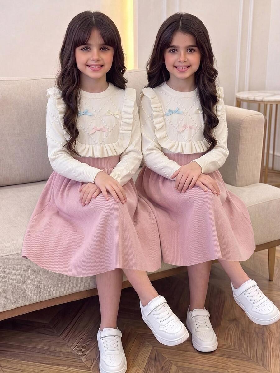 SHEIN Kids Tween Girl Pink Color Block Ruffle Hem Mid-Length Sweater Dress, Autumn/Winter Back To School - Pink - View 1