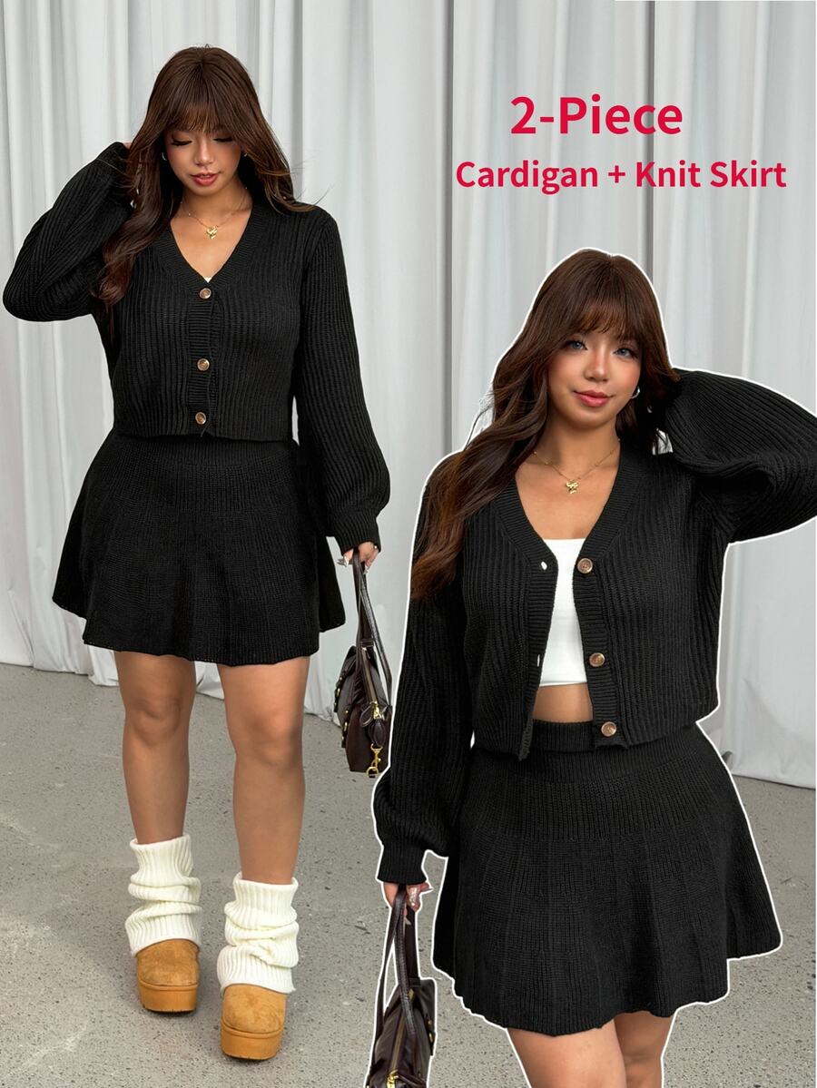 GalTyme Plus Size Women Solid Color Long Sleeve Top And Mini Skirt Knit Set - Black - View 1