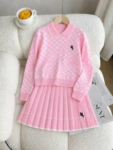 SHEIN 女童針織套裝，粉色可愛刺繡兔子格紋毛衣 + 針織迷你裙 2 件套，青少年女款長袖 V 領套頭衫，休閒優雅風，秋冬款 - 粉色 - 查看 4