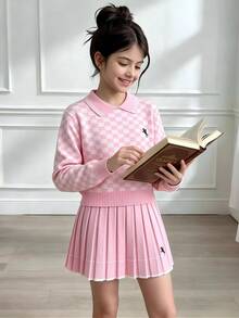 SHEIN 女童針織套裝，粉色可愛刺繡兔子格紋毛衣 + 針織迷你裙 2 件套，青少年女款長袖 V 領套頭衫，休閒優雅風，秋冬款 - 粉色 - 查看 8