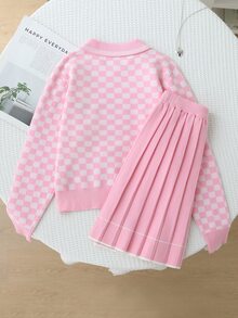 SHEIN 女童針織套裝，粉色可愛刺繡兔子格紋毛衣 + 針織迷你裙 2 件套，青少年女款長袖 V 領套頭衫，休閒優雅風，秋冬款 - 粉色 - 查看 3