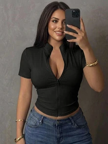 REIGN AVE Elastic Fitted Zip Front Casual Sports Cropped Short Sleeve T-Shirt, Plus Size For Women, Spring/Summer - Black - View 1