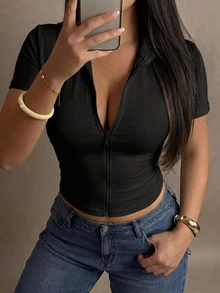 REIGN AVE Elastic Fitted Zip Front Casual Sports Cropped Short Sleeve T-Shirt, Plus Size For Women, Spring/Summer - Black - View 5