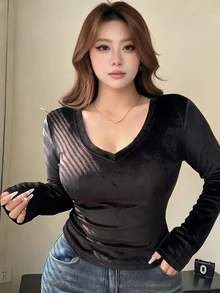 REIGN AVE Plus Size Women Solid Color Thermal Lined Thick Slim Fit Long Sleeve T-Shirt, Autumn/Winter - Black - View 6