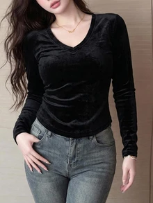 REIGN AVE Plus Size Women Solid Color Thermal Lined Thick Slim Fit Long Sleeve T-Shirt, Autumn/Winter - Black - View 5