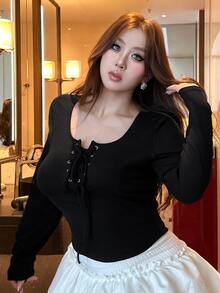 REIGN AVE Plus Size Women Elastic Fitted Crew Neck Cropped Lace-Up Design Long Sleeve T-Shirt - Black - View 1