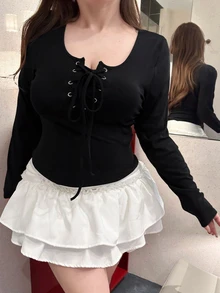 REIGN AVE Plus Size Women Elastic Fitted Crew Neck Cropped Lace-Up Design Long Sleeve T-Shirt - Black - View 8