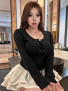 REIGN AVE Plus Size Women Elastic Fitted Crew Neck Cropped Lace-Up Design Long Sleeve T-Shirt - Black - View 6