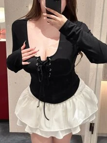 REIGN AVE Plus Size Women Elastic Fitted Crew Neck Cropped Lace-Up Design Long Sleeve T-Shirt - Black - View 4