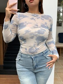 REIGN AVE Plus Size Tie-Dye Asymmetrical Pattern Round Neck Sheer Fitted Cropped Women's Top, Fall Clothes Long Sleeve Women Tops Graphic Tee - White - View 7