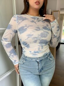 REIGN AVE Plus Size Tie-Dye Asymmetrical Pattern Round Neck Sheer Fitted Cropped Women's Top, Fall Clothes Long Sleeve Women Tops Graphic Tee - White - View 3