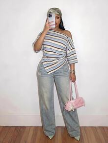 Slaydiva Contrast Stripe Y2K Asymmetric Shoulder Plus Size T-Shirt - Multicolor - View 4