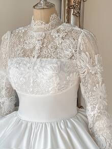 Lovelzi Elegant Romantic Fashion White Sheer 3D Lace Stand Collar Ruffle Long Sleeve Bodycon A-Line Mini Dress, Suitable For Bachelorette Party, Wedding, Fall - White - View 4