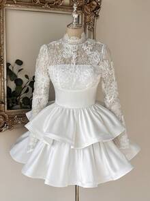 Lovelzi Elegant Romantic Fashion White Sheer 3D Lace Stand Collar Ruffle Long Sleeve Bodycon A-Line Mini Dress, Suitable For Bachelorette Party, Wedding, Fall - White - View 7