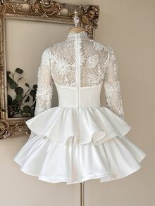 Lovelzi Elegant Romantic Fashion White Sheer 3D Lace Stand Collar Ruffle Long Sleeve Bodycon A-Line Mini Dress, Suitable For Bachelorette Party, Wedding, Fall - White - View 3