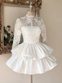 Lovelzi Elegant Romantic Fashion White Sheer 3D Lace Stand Collar Ruffle Long Sleeve Bodycon A-Line Mini Dress, Suitable For Bachelorette Party, Wedding, Fall - White - View 5