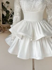 Lovelzi Elegant Romantic Fashion White Sheer 3D Lace Stand Collar Ruffle Long Sleeve Bodycon A-Line Mini Dress, Suitable For Bachelorette Party, Wedding, Fall - White - View 2