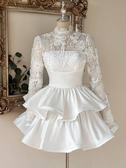Lovelzi Elegant Romantic Fashion White Sheer 3D Lace Stand Collar Ruffle Long Sleeve Bodycon A-Line Double Layer Ruffle Mini Dress, Suitable For Bachelorette Party, Wedding, Graduation, Vacation, Afternoon Tea, Prom, Multi-Occasion Women's Evening Gown, Party Dress, Bridal Shower Gift Dress