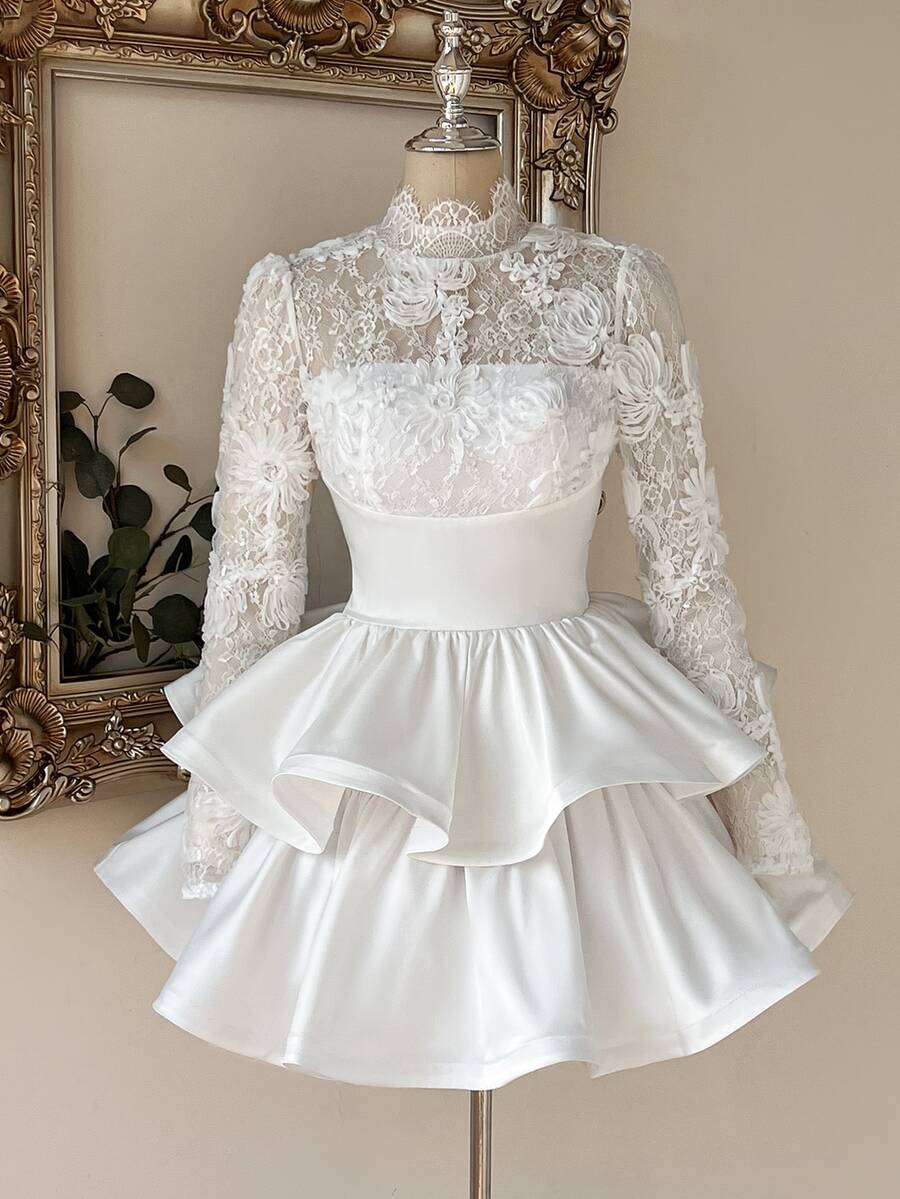 Lovelzi Elegant Romantic Fashion White Sheer 3D Lace Stand Collar Ruffle Long Sleeve Bodycon A-Line Mini Dress, Suitable For Bachelorette Party, Wedding, Fall - White - View 1