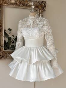Lovelzi Elegant Romantic Fashion White Sheer 3D Lace Stand Collar Ruffle Long Sleeve Bodycon A-Line Mini Dress, Suitable For Bachelorette Party, Wedding, Fall - White - View 6