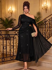 Viva Relle Gaun Pesta/Koktail/Acara Malam Formal Elegan Berlipit dengan Hiasan Berlian Imitasi Satu Bahu untuk Wanita Ukuran Plus, Warna Hitam untuk Musim Gugur/Musim Dingin - Hitam - View 4