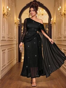 Viva Relle Gaun Pesta/Koktail/Acara Malam Formal Elegan Berlipit dengan Hiasan Berlian Imitasi Satu Bahu untuk Wanita Ukuran Plus, Warna Hitam untuk Musim Gugur/Musim Dingin - Hitam - View 6