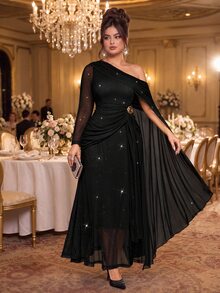Viva Relle Gaun Pesta/Koktail/Acara Malam Formal Elegan Berlipit dengan Hiasan Berlian Imitasi Satu Bahu untuk Wanita Ukuran Plus, Warna Hitam untuk Musim Gugur/Musim Dingin - Hitam - View 5