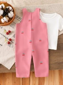 SHEIN Vintaside Kids 女嬰粉色可愛櫻桃印花前口袋休閒吊帶連身褲單件，春夏生日上學穿搭 - 粉色 - 查看 3