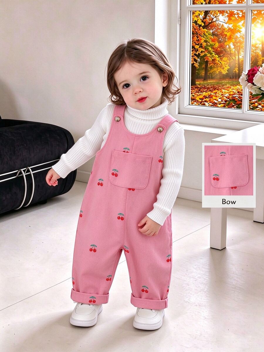 SHEIN Vintaside Kids 女嬰粉色可愛櫻桃印花前口袋休閒吊帶連身褲單件，春夏生日上學穿搭