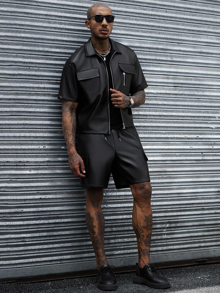 SLATEMANN Men's Cargo Pocket Zipper Placket Short Sleeve Shirt And Shorts Set, Ceremony - Black - View 6