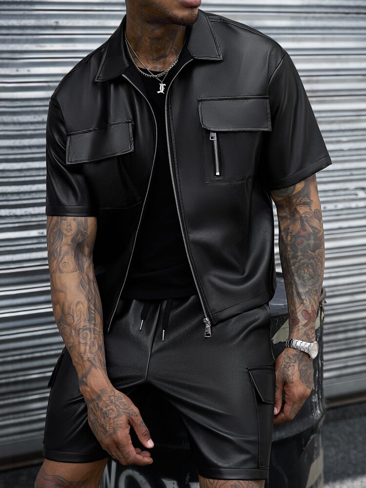 SLATEMANN Men's Cargo Pocket Zipper Placket Short Sleeve Shirt And Shorts Set, Ceremony - Black - View 7