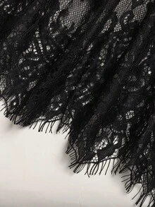 SHEIN 青少年女孩秋季針織黑色波點圓領長袖蕾絲下擺長洋裝休閒日常穿著 - 黑色 - 查看 5
