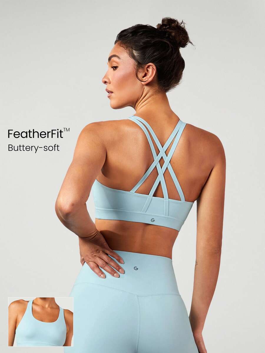 GLOWMODE FeatherFit™ Crossover Strap Sports Bra Gym Valentine's Day - Aqua Blue - View 1