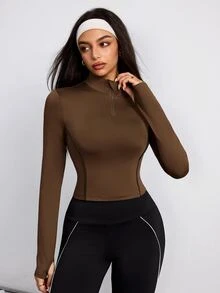 SHEIN Dewbera Women's Long Sleeve Half-Zip Sports Sweatshirt - Brown - View 3