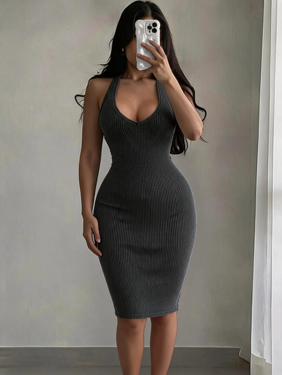 SHEIN SXY Women's Solid Color Deep V-Neck Distressed Halter Neck Sexy Dress Club Date Night Dark Grey Summer