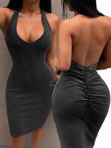 SHEIN SXY Women's Solid Color Deep V-Neck Distressed Halter Neck Sexy Dress Club Date Night Dark Grey Summer - Black - View 11