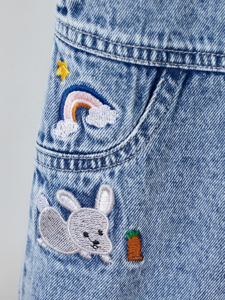 Baby Girls Denim Overalls With Rainbow Star Embroidery, Loose Fit Comfortable White Light Blue Bib Pants School Graduation Summer Cute Casual - Medium Wash - View 5