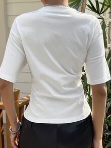 Livesso Spring Summer Loose Business Casual French Modest Fashion Office Brunch Everyday Wear Street Design Patchwork Short Sleeve Women's T-Shirt White - White - View 4
